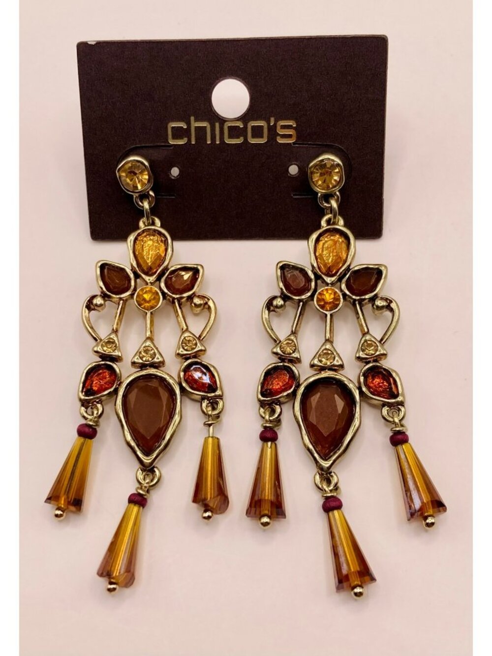 Chicos Gold-Tone Drop Earrings Amber & Brown Stone Accents -86B